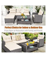 Sugift 4 Pieces Patio Rattan Furniture Set with Cushion and Table Shelf