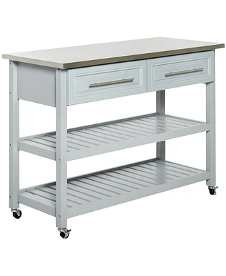 Homcom Kitchen Island with Stainless Steel Top, Traditional Kitchen Island with Storage, 2-Tier Open Shelves, Drawers, Light Gray