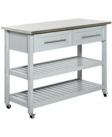 Homcom Kitchen Island with Stainless Steel Top, Traditional Kitchen Island with Storage, 2-Tier Open Shelves, Drawers, Light Gray