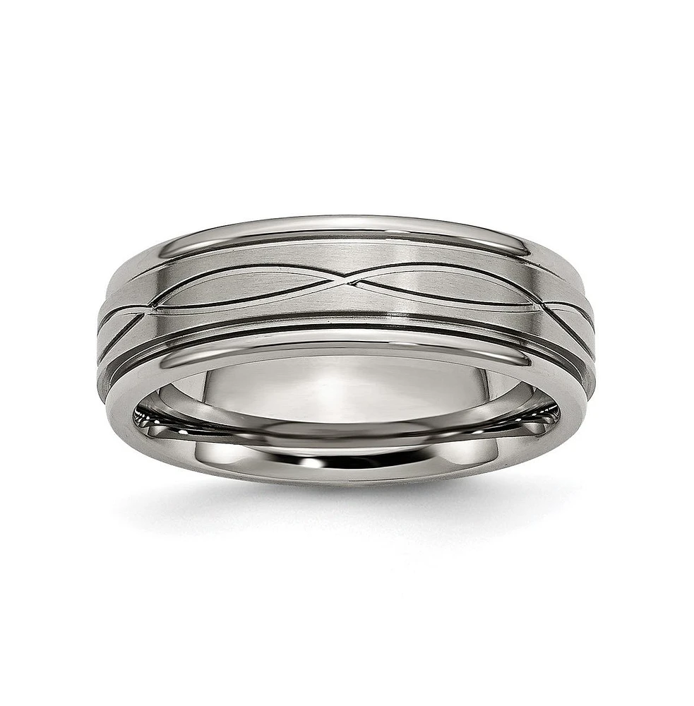 Chisel Titanium Brushed Criss-cross Design Ridged Edge Band Ring