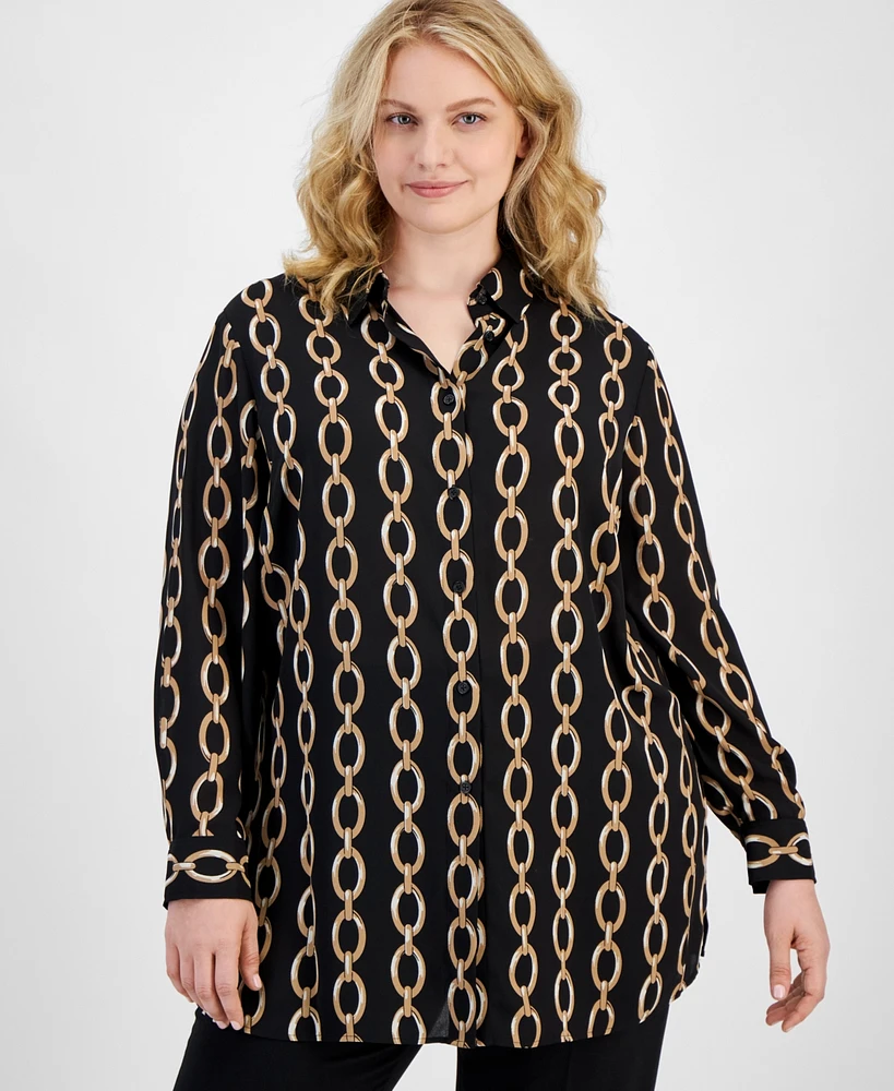 Anne Klein Plus Printed Collared Button-Front Shirt