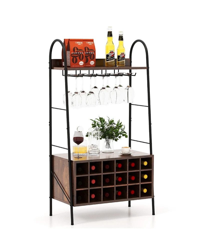 Costway Industrial Rack Freestanding Bottle Holder with Stemware Holder & Open Shelves