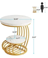 Tribesigns Gold Round End Table: 2 Tiers Side Table Set of 2 with Storage Shelf, Modern White Gold Bedside Nightstand, Metal Faux Marble Accent Table