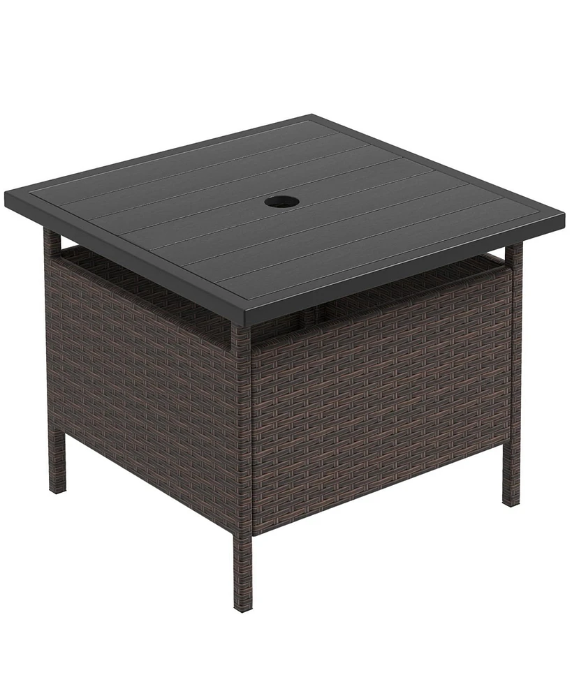 Inolait Patio Square Wicker Side Table with Umbrella Hole for Yard Garden Poolside