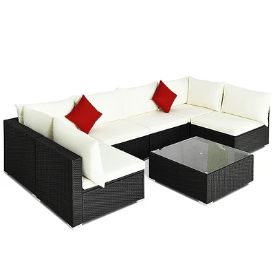 Gymax 7PCS Rattan Patio Conversation Sectional Furniture Set w/ Cushion Pillow