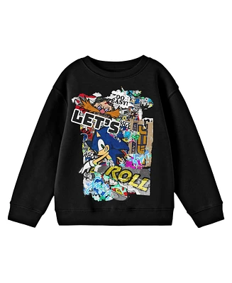 Sonic The Hedgehog Boys Bioworld "Let's Roll" Modern Street Art Youth Black Crew Neck Sweatshirt