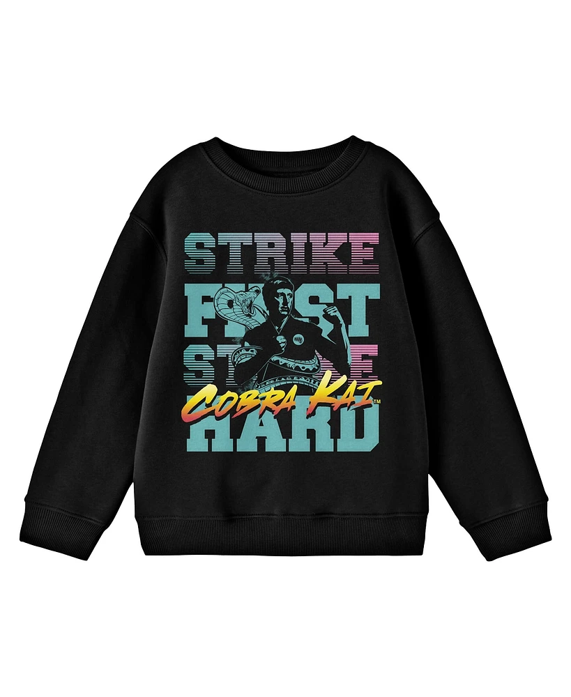 Cobra Kai Boys Strike First Hard Crew Neck Long Sleeve Black Youth Tee