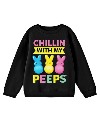 Peeps Boys Multi-color Chillin' With My Crew Neck Long Sleeve Black Fleece Youth Sweatshirt