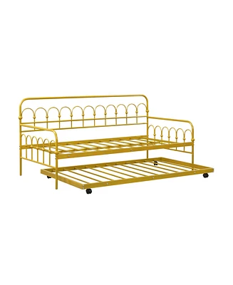 Sugift Twin Size Golden Metal Daybed with Trundle and Lockable Wheels-Twin Size