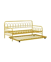 Sugift Twin Size Golden Metal Daybed with Trundle and Lockable Wheels-Twin Size