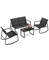 Costway 4 Pcs Patio Rocking Set 2 Rocking Chairs & Loveseat with Glass-Top Table