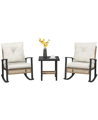 Outsunny 3 Piece Bistro Set with Rattan Rocking Chairs & Coffee Table White