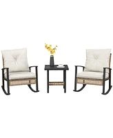 Outsunny 3 Piece Bistro Set with Rattan Rocking Chairs & Coffee Table White