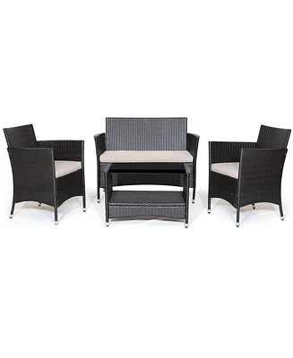 Sugift 4 Pieces Patio Conversation Set with Soft Cushions and Tempered Glass Tabletop