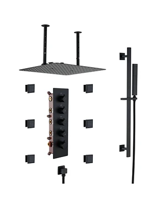 Mondawe 16" Ceiling Mounted Thermostatic Shower System Set with Handheld Spray, Slide Bar & 6 Body Jets, Matte Black