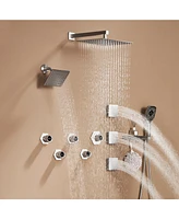 Mondawe 12" Wall Mounted Rainfall Luxury Dual Shower System Set with Handheld Spray, 6 Body Jets & Hanging Rack, Brushed Gold