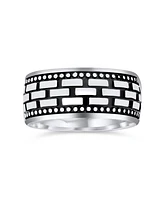 Bling Jewelry Classic Men's Wide Brick Chain Ring Band Solid Blackened Oxidized Sterling Silver Beaded Edge