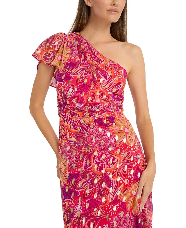 Maggy London Women's One-Shoulder Ruffled-Sleeve Maxi Dress at Foxvalley Mall in Aurora, IL Maggy London Women's One-Shoulder Ruffled-Sleeve Maxi Dress at Foxvalley Mall in Aurora, IL