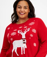 Holiday Lane Plus Reindeer Crewneck Sweater, Created for Macy's