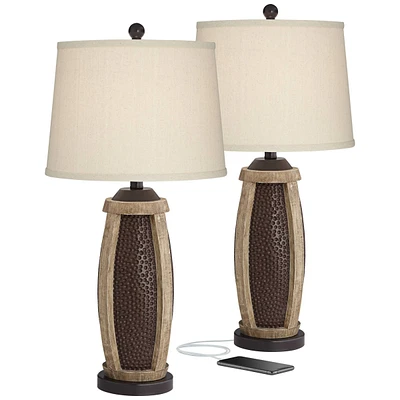 John Timberland Parker Rustic Farmhouse Table Lamps 28.5" Tall Set of 2 with Usb Port Hammered Oil Rubbed Bronze Wood Accents Oatmeal Tapered Drum Sha