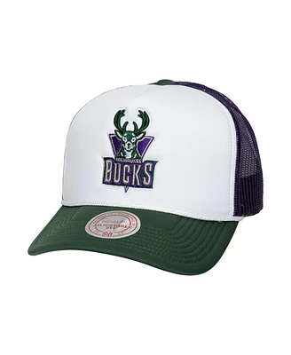 Mitchell Ness Men's White Milwaukee Bucks Hardwood Classics Blocker Foam Front Trucker Snapback Hat