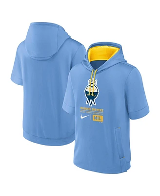 Nike Men's Light Blue Milwaukee Brewers City Connect Color Block Short Sleeve Pullover Hoodie