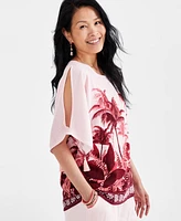 Jm Collection Petite Oasis Palm-Print Tassel-Trim-Sleeve Top, Created for Macy's