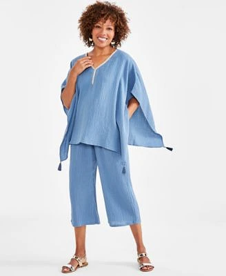 Jm Collection Womens Gauze Embellished Neck Poncho Cropped Pull On Pants Created For Macys