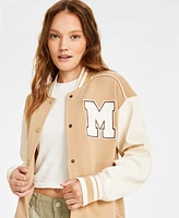 Hippie Rose Juniors' Faux-Leather-Sleeve Snap-Front Varsity Bomber Jacket