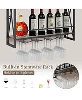 3-Tiers Industrial Wall Mounted Wine Rack with Glass Holder and Metal Frame