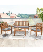 Costway 4 Pcs Patio Wood Furniture Set with Loveseat, 2 Chairs & Coffee Table for Porch