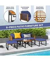 Costway 6pcs Patio Acacia Wood Conversation Sofa Seat Set Ottomans Table Outdoor