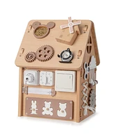 Wooden Busy House Montessori Toy with Sensory Games & Interior Storage Space