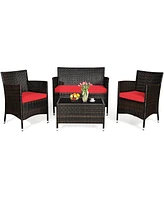 Costway 4PCS Patio Furniture Set Rattan Conversation Set W/ Tempered Glass Coffee Table