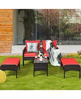 Costway 5 Pcs Rattan Wicker Furniture Set Sofa Ottoman W/Brown Cushion Patio Garden Yard