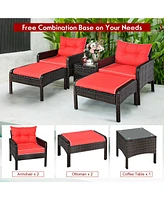 Costway 5 Pcs Rattan Wicker Furniture Set Sofa Ottoman W/Brown Cushion Patio Garden Yard