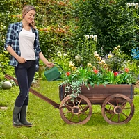 Wood Wagon Flower Planter Pot Stand W/Wheels