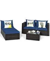 Gymax 5PCS Cushioned Rattan Patio Conversation Set w/ Ottoman Navy Cushion