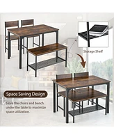 Costway 4pcs Dining Table Set Rustic Desk 2 Chairs & Bench with Storage Rack