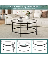 Costway 36'' Round Coffee Table Tempered Glass Tabletop Metal Frame Living Room