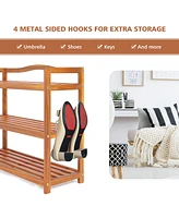 Costway 3-Tier Wood Shoe Rack Solid Acacia Wood Shoe Shelf with Side Metal Hooks