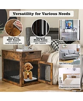 Costway 2-In-1 Furniture Dog Crate with Drawer Wired & Wireless Charging Side End Table