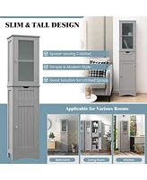 Costway Bathroom Tall Cabinet Freestanding Linen Tower with Doors & Drawer