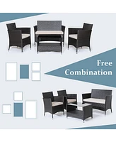 4PCS Patio Rattan Furniture Set Armrest Cushion Sofa Coffee Table withShelf Garden