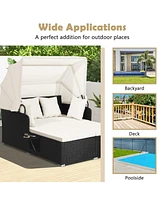 Costway Patio Rattan Daybed Lounge Retractable Top Canopy Side Tables Cushions