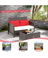2PCS Patio Rattan Wicker Love-seat Coffee Table Set Cushioned Bench Garden Deck