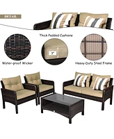 Costway 4PCS Patio Rattan Furniture Set Loveseat Sofa Coffee Table Garden