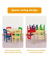 Kids 5 Piece Table Chair Set Pine Wood Multicolor Children Play Room Furniture