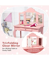 Costway Vanity Table Set Makeup Dressing Kids Stool Mirror