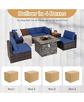Costway 7 Pcs Patio Furniture Set with 50,000 Btu Fire Pit Table Wicker Sofa Cushions